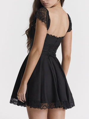 Lace Trim Square Neck Suspenders Slim-fit Backless Sweet Mini&Short Dresses