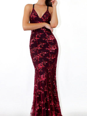 Camisoles V-neck Backless Sequins Lace Up Formal Dress Dinner Maxi Dresses