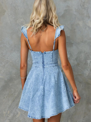 Denim Flying Sleeves Backless Mini&Short Dresses