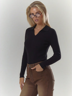 Ribbed Polo-Collar Wool-Blend Sweater