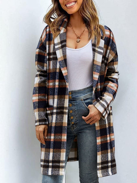 Christmas Lapel Pocket Plaid Wool Coat