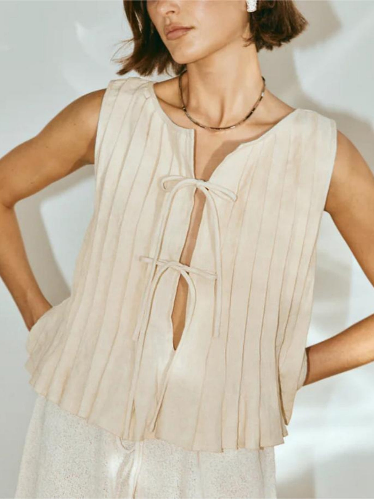 Cotton And Linen Straps Pleated Tank Tops