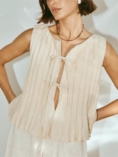 Cotton And Linen Straps Pleated Tank Tops