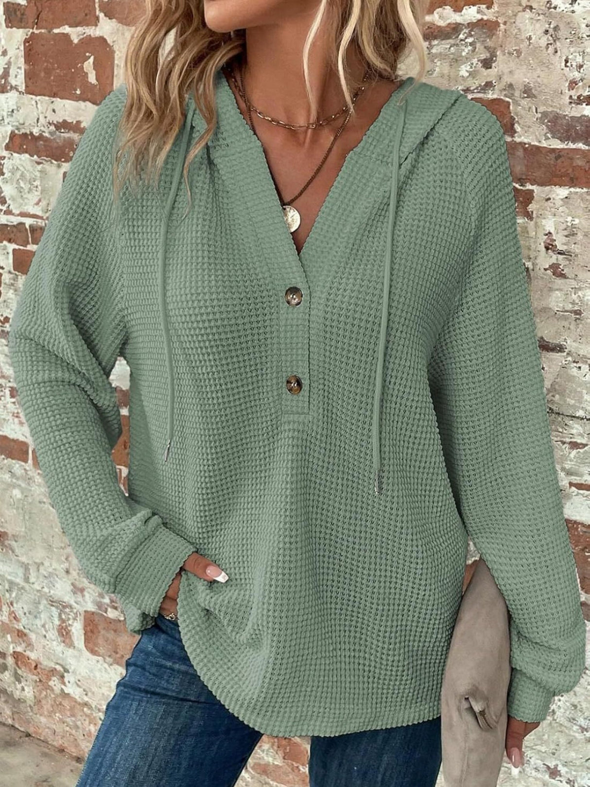 Waffle Drawstring Buttons V-neck Long Sleeve Hoodie