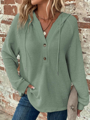 Waffle Drawstring Buttons V-neck Long Sleeve Hoodie