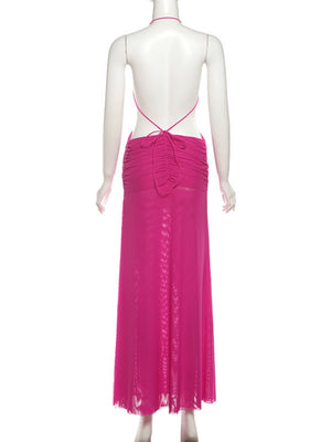 Pleated Neckband Showing Off Waist And Back Maxi Dresses
