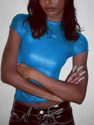 Metallic Color Crew Neck Short Sleeve Tight Fit T-shirts