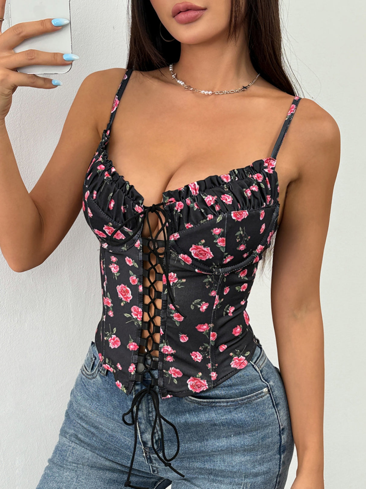 Printed Fish Bones Splicing Lace-up Cutout Bra Camisoles