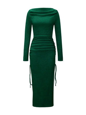 Knitting Long Sleeve High Waist Slim-fit Hip-hugging Drawstring Maxi Dresses