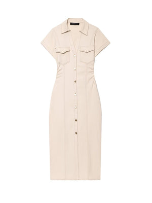 V-neck Short Sleeve Waist Hip-hugging Button Slit Commuting Temperament Maxi Dresses