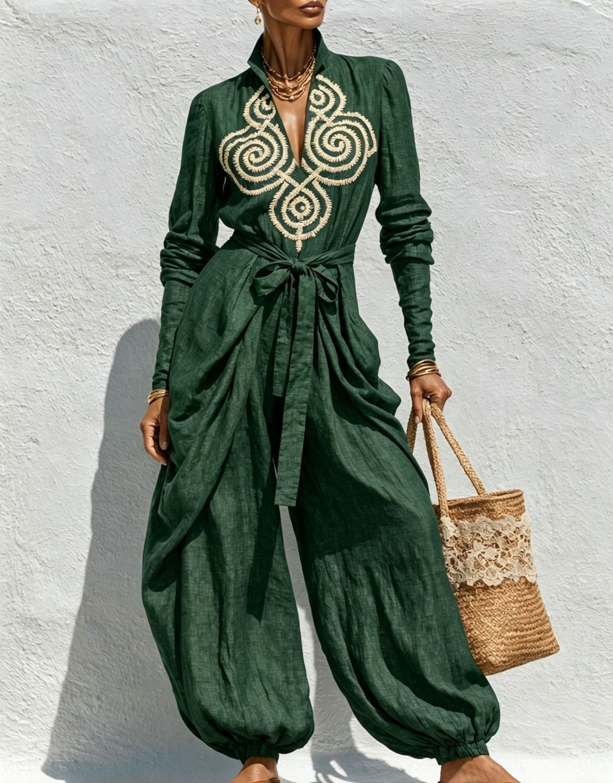 V-neck Tie-up Embroidered Loose-fitting Jumpsuit