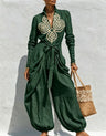 V-neck Tie-up Embroidered Loose-fitting Jumpsuit