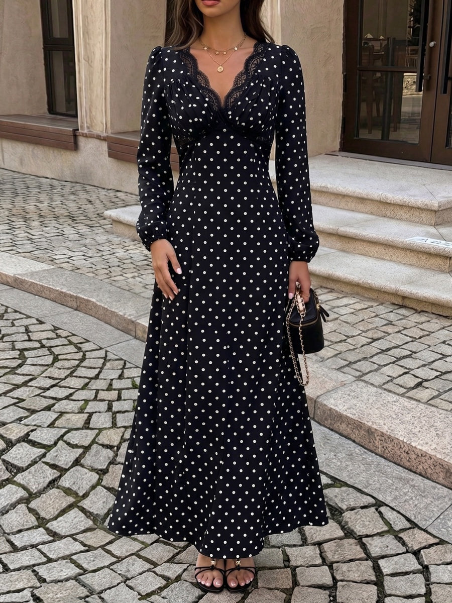 Lace-up Lace Polka Dots Splicing Polka Dots Maxi Dresses