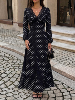 Lace-up Lace Polka Dots Splicing Polka Dots Maxi Dresses