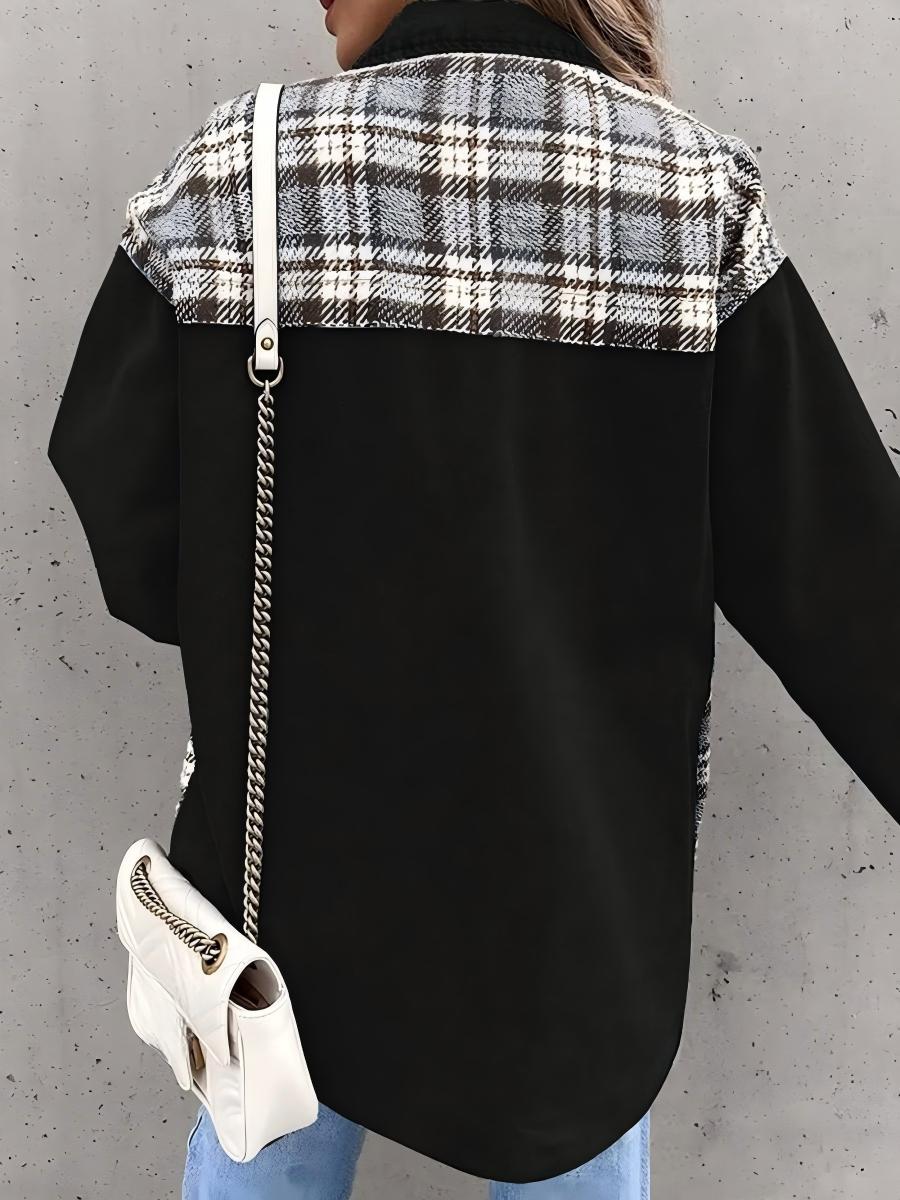 Long Sleeve Plaid Splicing Fasten Denim Jackets