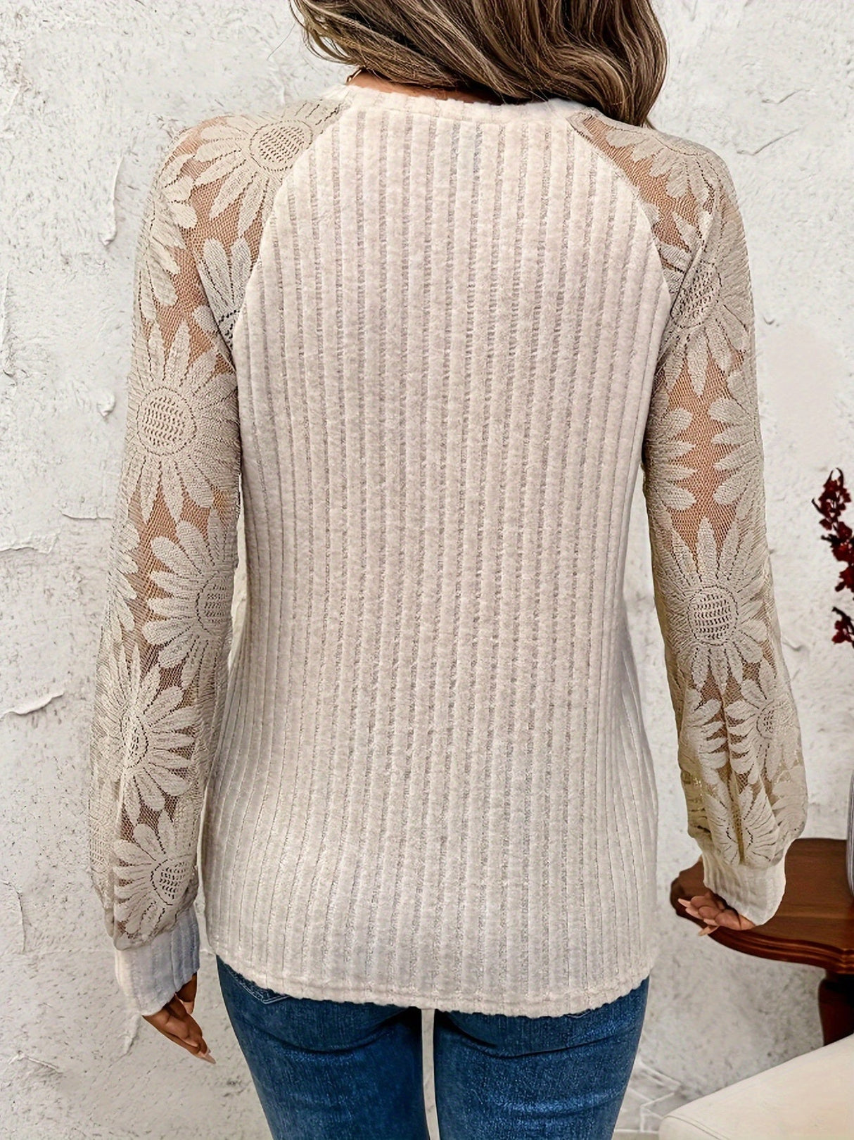 Apricot Crew Neck Hollow Lace Stitching Long Sleeve Blouse