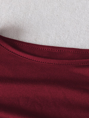 Burgundy Long-sleeved Round Neck Pleated Maxi Dress
