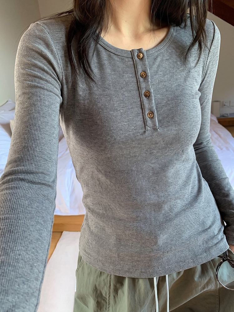 Korean Style Henley Collar Top With Straight Shoulders