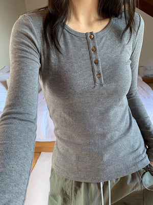Korean Style Henley Collar Top With Straight Shoulders