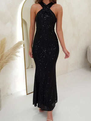 Neckband Evening Gown Sleeveless Sequined Long Dress