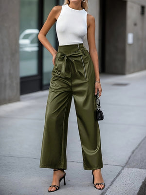 High Waist Loose-fit PU Leather Pants Zipper Pants