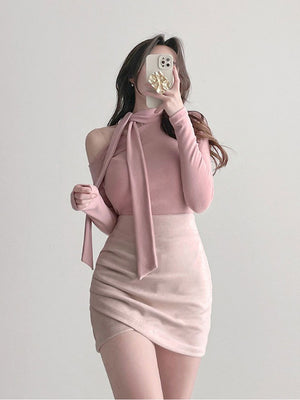 Elegant Tie-neck Fitted Long-sleeved T-shirt