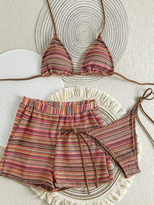 Knitted Color-blocked Beach Shorts Halter Bikini Three-piece Set