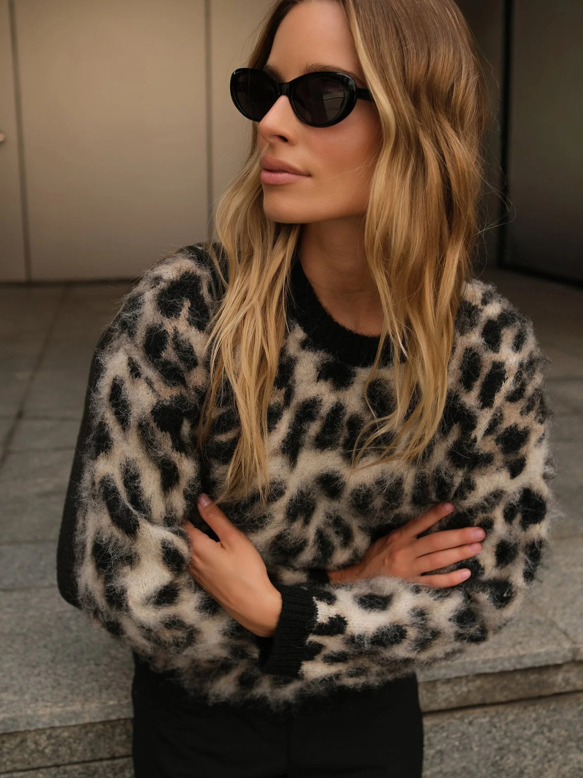 Stylish, Relaxed, Warm Leopard Print Pullover Knit Sweater