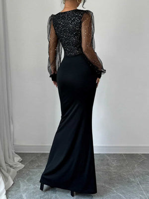 V-neck High-waisted Sequins Splicing Maxi Dresses