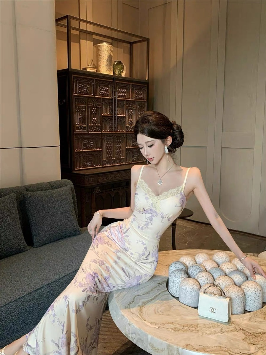 [Slip Dress + Floral Cardigan] Sexy Two-Piece Set With Printed V-Neck Lace Trim And Slim Fit