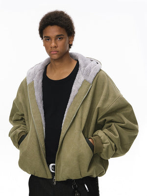 Short Plush Ins Contrasting Colors Hooded Zipper Jacket