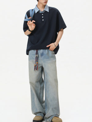 College Style Layered-look Color-blocked Plaid Polo Shirt