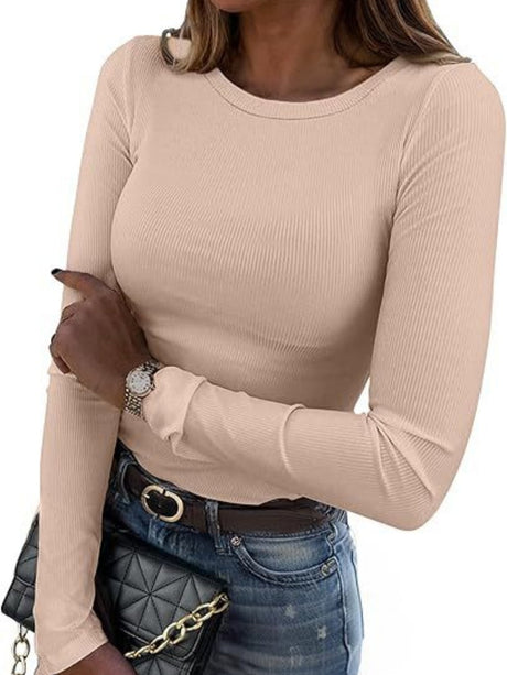 Pit Strip Long Sleeve Elastic Crew Neck Ribbed Slim Fit Basic T-shirts