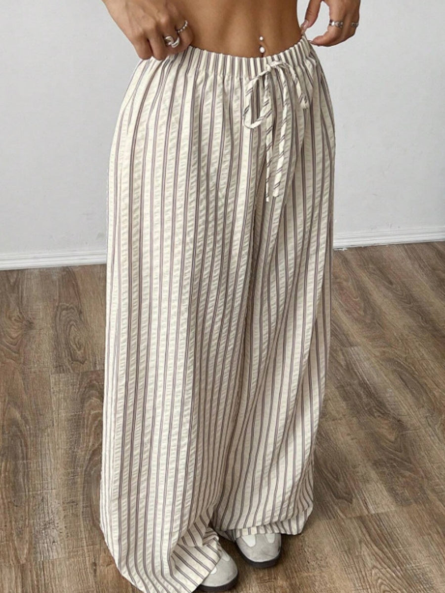 Apricot Striped Elastic Waist Striped Casual Straight Leg Trousers