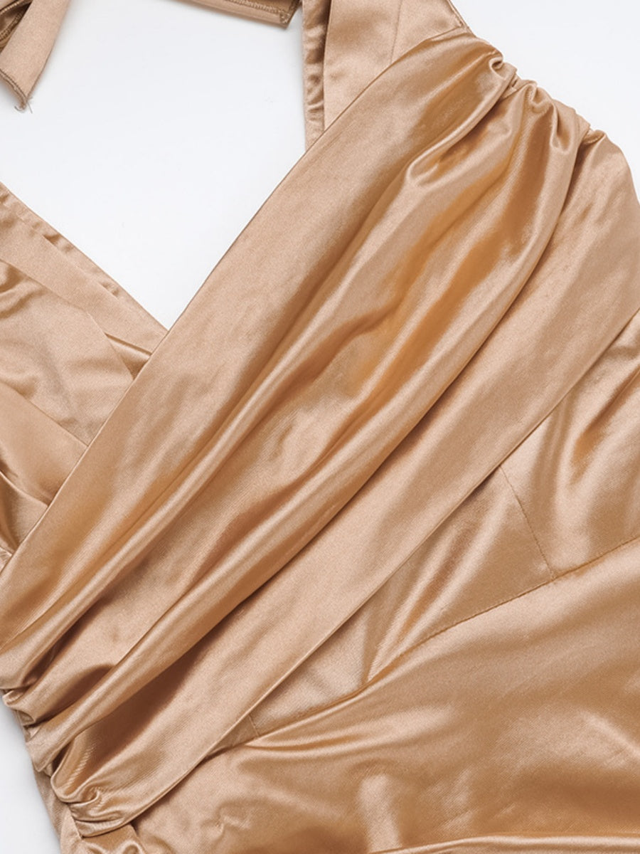 Halter Tie-Back Deep V-Neck Pleated High Slit Maxi Dress