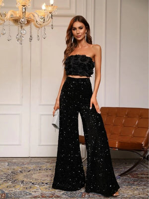 Straight-leg Sequined Pants Wide-leg Pants Mid-rise Slimming Leisure Drape Party Pants