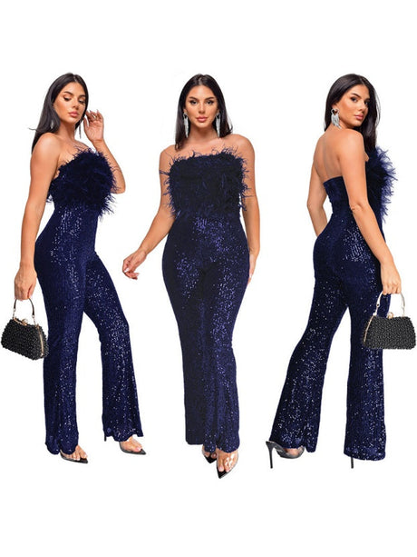 Sleeveless Backless Sequined Feather Flared Leg Jumpsuit