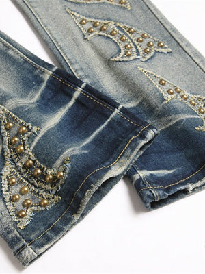 Punk Blue Slim Stretch Orange Patches Straight Flared Jeans