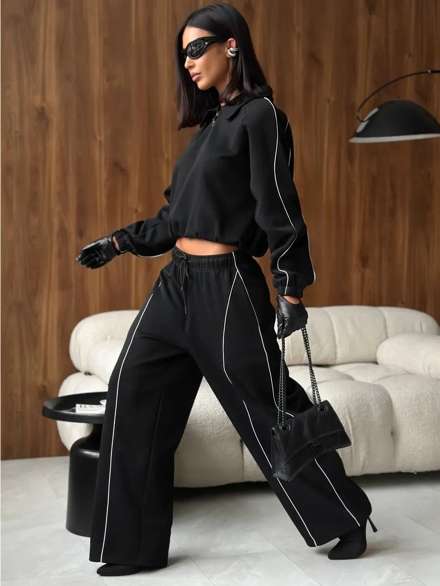 American Retro Color-blocked Striped Tracksuit For Women Two-piece Set: Collared Half-zip Sweatshirt And High-waisted Wide-leg Sweatpants