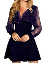 V-neck Mesh Splicing Long Sleeve Sequins A-pendulum Sexy Grace Party Short Dress