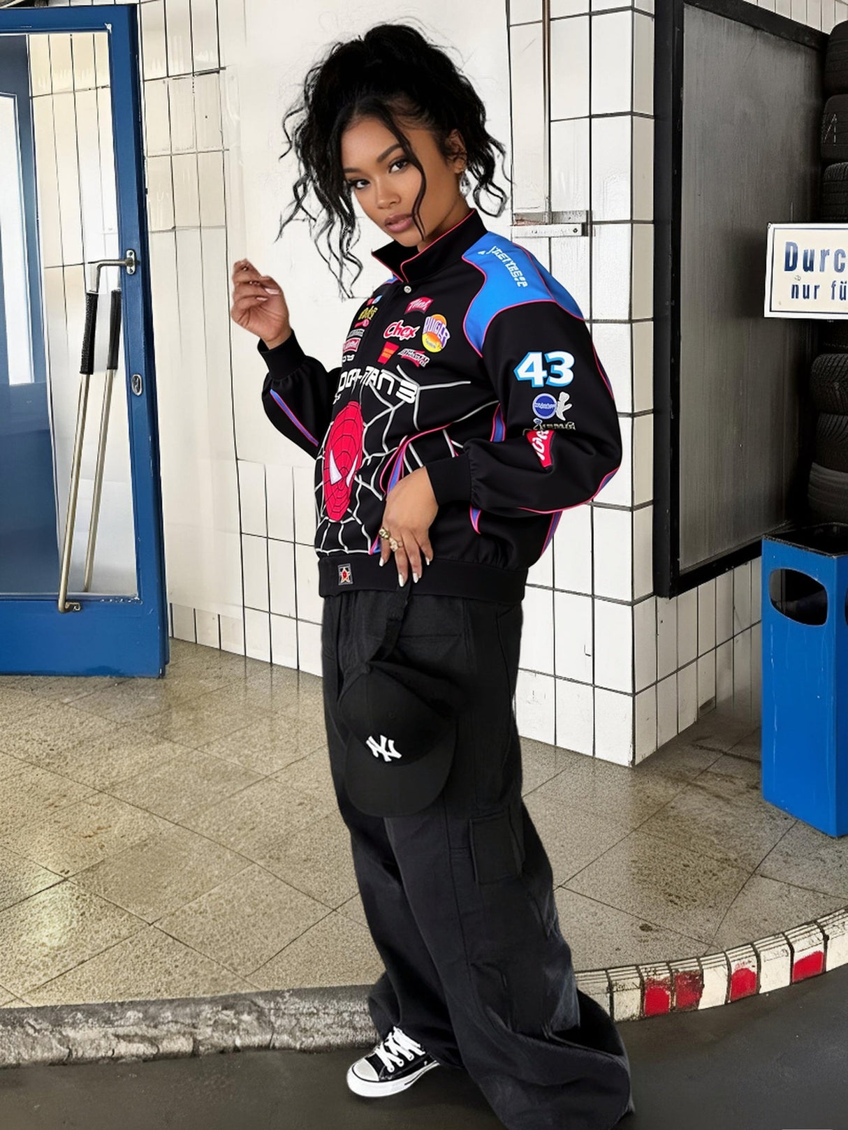 Black Sporty Spider Print Casual Long-Sleeve Motorcycle Style Jackets