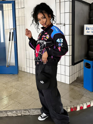 Black Sporty Spider Print Casual Long-Sleeve Motorcycle Style Jackets