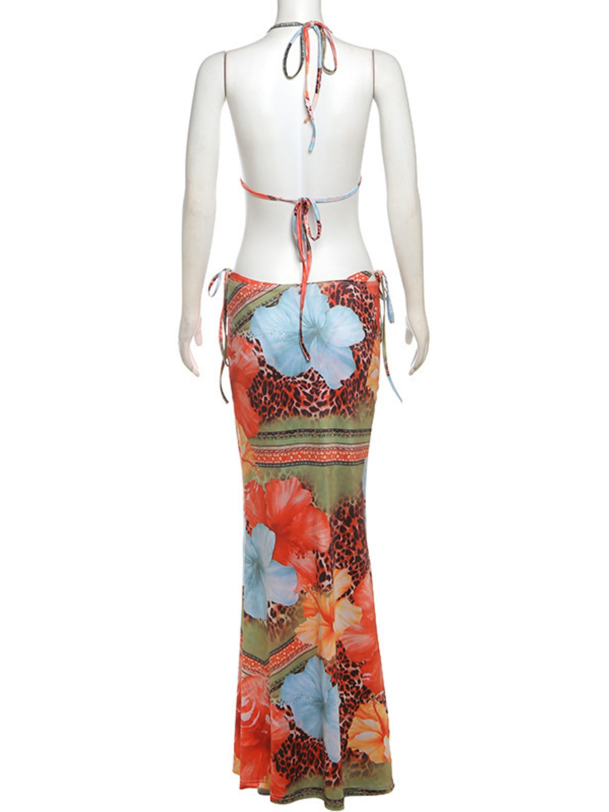 Color-blocked Print Strappy Top High-waisted Midi Skirt 3 Piece Bikinis