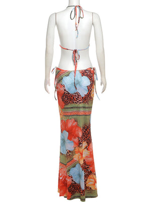 Color-blocked Print Strappy Top High-waisted Midi Skirt 3 Piece Bikinis