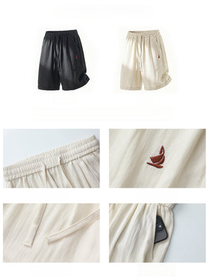 Imitation Linen Lightweight Color-blocked Embroidery Loose-fit Five Points Shorts