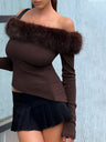 One-shoulder Irregular Hem Plush Stitching Christmas Everyday Party T-shirt