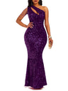 Sequins One-shoulder Backless Fish Tail Evening Gown Maxi Dresses