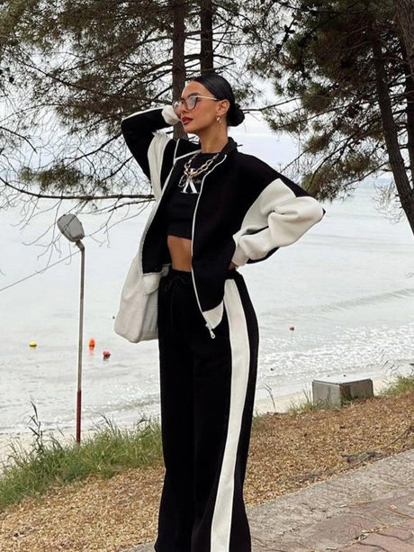 Jackets Casual Trousers Set Retro Contrasting Colors Long Sleeve Zipper Coat Two-piece Trouser Set