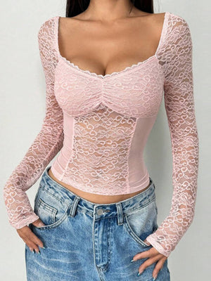 Lace See-through V-neck Sexy Spliced Long Sleeve Tops