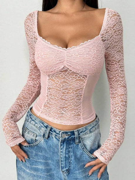Lace See-through V-neck Sexy Spliced Long Sleeve Tops
